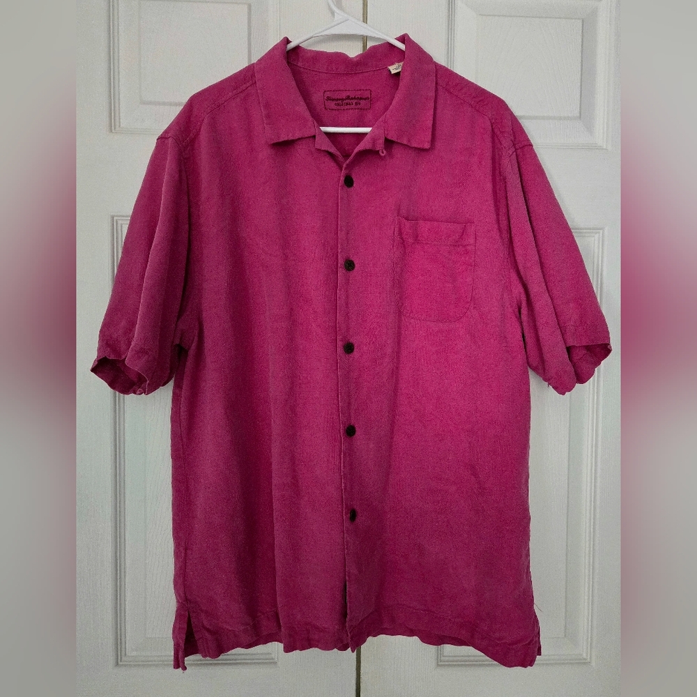 Tommy Bahama Pink 100% Silk Button-Down Short Sleeve Tropical Shirt Men’s Size L